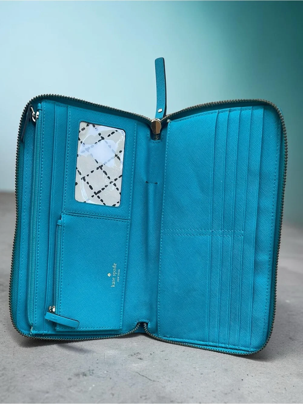Kate Spade New York Teal Saffiano Leather Zip Around Wallet Clutch